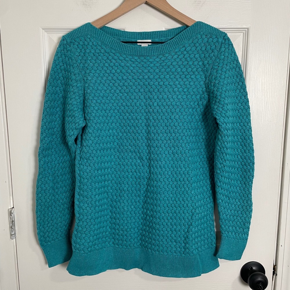 LL Bean Sweater Women Large‎ Teal 100% Cotton Chunky Knit Pullover Fisherman